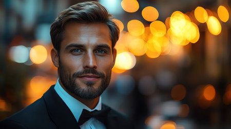 Handsome man in black suit, blurred background with bokeh lights, soft lightingの素材
