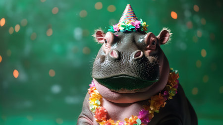 Hippo in party hat and necklace, green background, joyful and festiveの素材