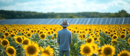 Man in hat in sunflower field with solar panels, wide shot, sustainable and sereneの素材