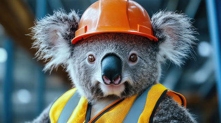 Koala wearing orange safety helmet and vest, blue backgroundの素材