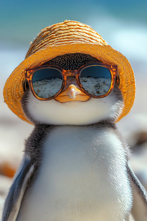Penguin in sunglasses and hat, beach backdrop, relaxed and cuteの素材