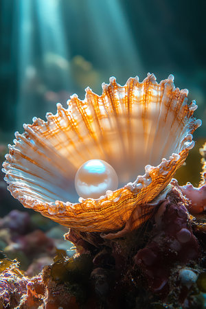 Open clam with pearl, underwater scene, sunlight filtering, detailed closeupの素材