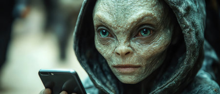 Alien with a smartphone, serious expression, dim lighting, scifi atmosphereの素材