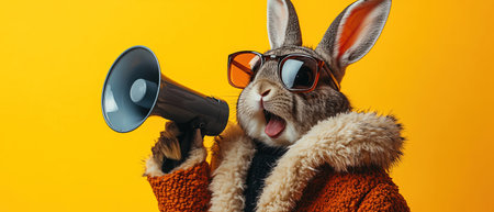 Bunny dressed in a furlined jacket and sunglasses, holding a megaphone against a bright yellow backgroundの素材