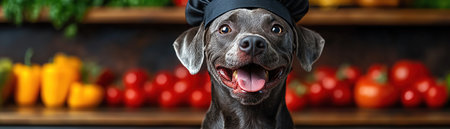 Happy dog wearing a chefs hat with a red backgroundの素材