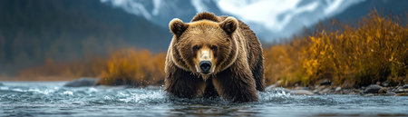 Grizzly bear in river with scenic mountain backdrop, natural lighting, wide angleの素材