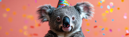 Koala with party hat and confetti, pink backgroundの素材
