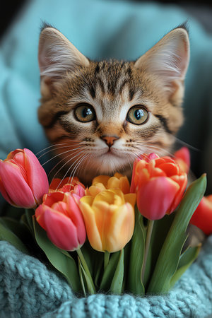 Kitten holding a bouquet of colorful tulips, set against a bright blue backdropの素材