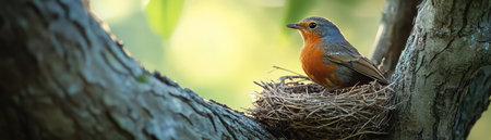 Small bird perched in a nest on a tree, soft focus background, natural daylightの素材