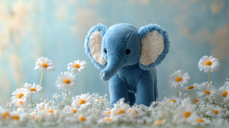 Soft blue plush elephant toy among white daisies on a light blue backgroundの素材