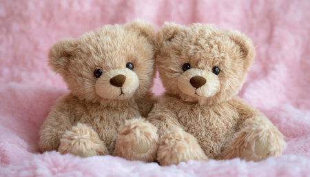 Two cuddly teddy bears on a soft pink backgroundの素材