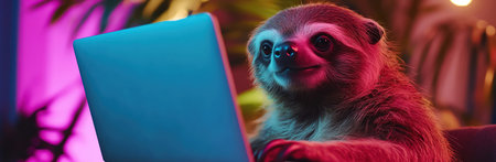 Sloth using laptop, bright indoor light, colorful background, closeup shotの素材
