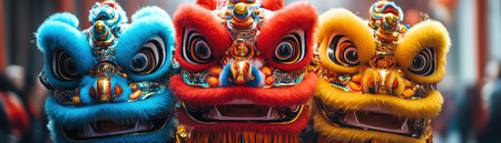 Traditional lion dance costume during a festival, vibrant colors, bustling street, closeupの素材
