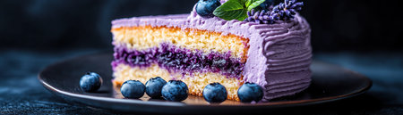 Slice of blueberry cake with lavender icing, macro shot, dark moody background, vibrant colorsの素材
