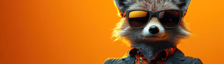 Fox in a floral shirt, sunglasses, and blazer, orange backgroundの素材