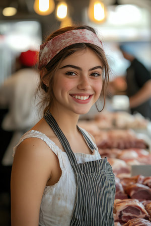 Female butcher smiling, meat display, bright and professional settingの素材