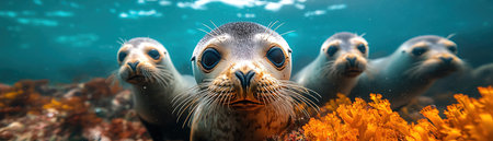Group of curious seals underwater, surrounded by colorful coral and marine plantsの素材