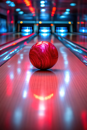 A bowling ball rolls down a lane illuminated by striking neon lights in a contemporary bowling alleyの素材