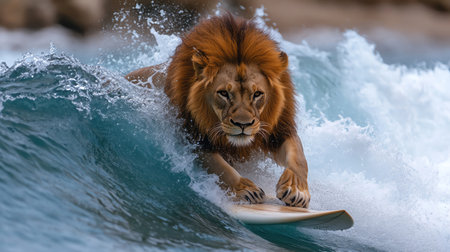 A lion confidently rides a surfboard on a wave, symbolizing strength and adventureの素材