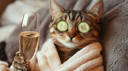 A pampered cat in a spa robe with cucumber slices on its eyes, holding a champagne glassの素材