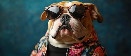 A fashionable bulldog wearing sunglasses and a floral jacket, striking a poseの素材