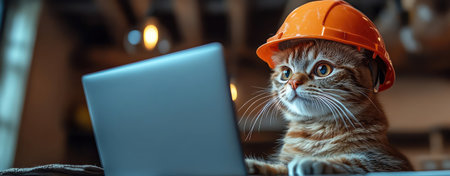 A focused cat wearing an orange construction helmet, working on a laptop, humorous and cuteの素材