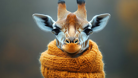 A stylish giraffe wearing a warm scarf, frontfacing portrait with a neutral grey backgroundの素材