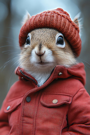 A cute squirrel wearing a red winter jacket and beanie, standing against a soft blue backgroundの素材