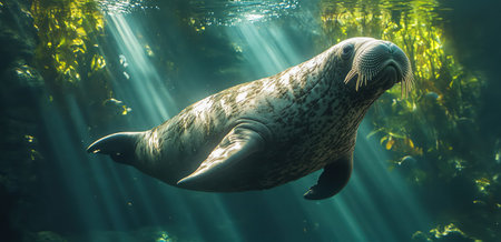 Underwater view of a walrus swimming, with sunlight filtering through the water, creating a serene, aquatic sceneの素材
