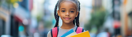 Young girl with braids and backpack, holding books, standing on a city street, backtoschool vibeの素材