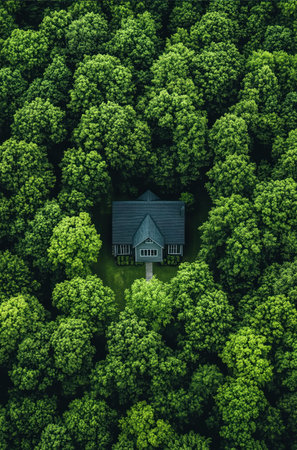 Aerial view of a house surrounded by lush green trees, vibrant colors, overhead angle, summer afternoonの素材