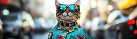 Cat wearing sunglasses and a Hawaiian shirt, typing on a laptop, cozy interior with a warm light, closeupの素材