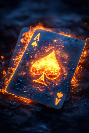 Two glowing neon playing cards, aces of spades, on a dark backgroundの素材