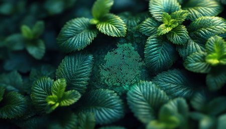 Digital fingerprint intertwined with foliage, closeup, vibrant green tones, nature meets technologyの素材