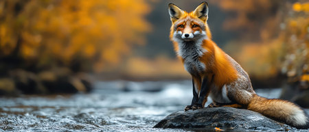 Fox standing on a rock in a river, focused gaze, natural surroundingsの素材