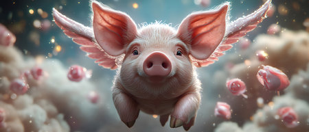 Flying pig with wings, midair, fluffy clouds, bright sky, whimsical and surrealの素材