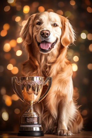 Golden retriever proudly sitting beside a shiny trophy, soft focus backgroundの素材