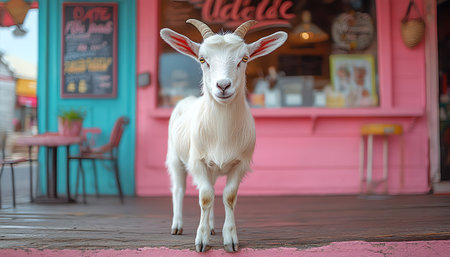 Goat standing in front of a pastel pink cafe, soft morning lightの素材