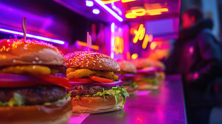 Gourmet burgers lined up at a vibrant food truck, neon signs glowingの素材
