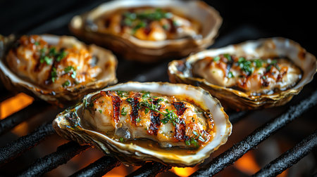Grilled oysters sizzling on a BBQ, garnished with herbsの素材