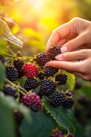 Hands picking ripe blackberries from a bush under warm sunlightの素材