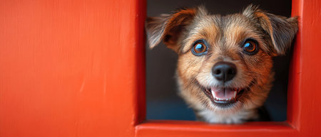 Happy dog breaking through an orange wall, wideeyed and excited, playful conceptの素材