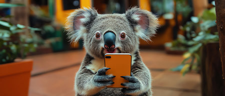 Koala holding a smartphone, orange background, looking surprisedの素材