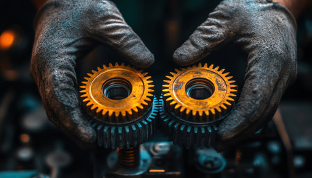 Hand holding two interlocked gears, dim background filled with more gears, warm highlightsの素材