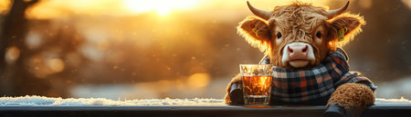 Highland cow in a plaid scarf, holding a glass of whisky, Scottish countryside, warm sunlightの素材