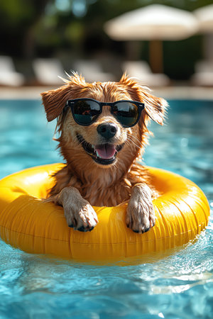 Happy dog floating in a yellow pool ring, sunglasses on, enjoying a sunny day by the poolの素材