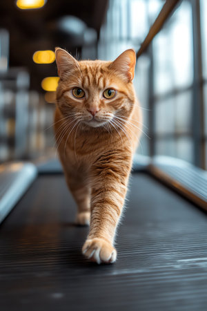 Ginger cat walking on a treadmill, focused look, gym settingの素材