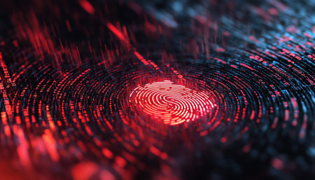 Holographic padlock with fingerprint emblem floating in digital space, surrounded by binary codeの素材