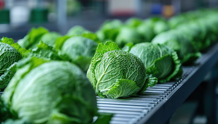 Green cabbages on a conveyor belt in a modern food plant, clean and organizedの素材