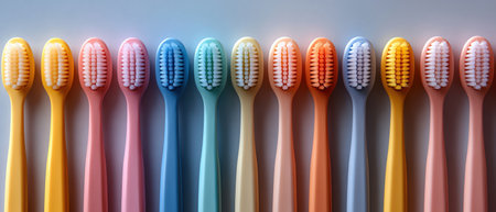 Pastelcolored toothbrushes lined up in a neat, closeup rowの素材